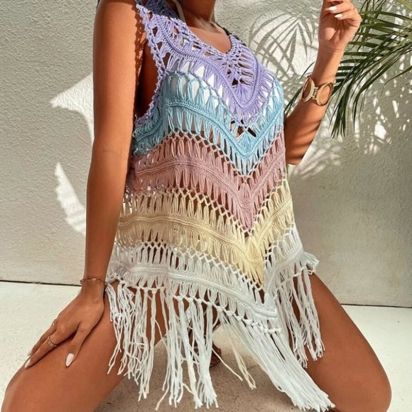 Multi Color Stitched Crochet Fringe Detailed Top Bikini Coverup - Picture 6 of 9